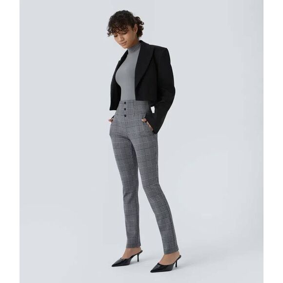 NWT Halara Flex High Waisted Houndstooth Plaid Skinny Work Pants Gray Plaid XS - Picture 5 of 10